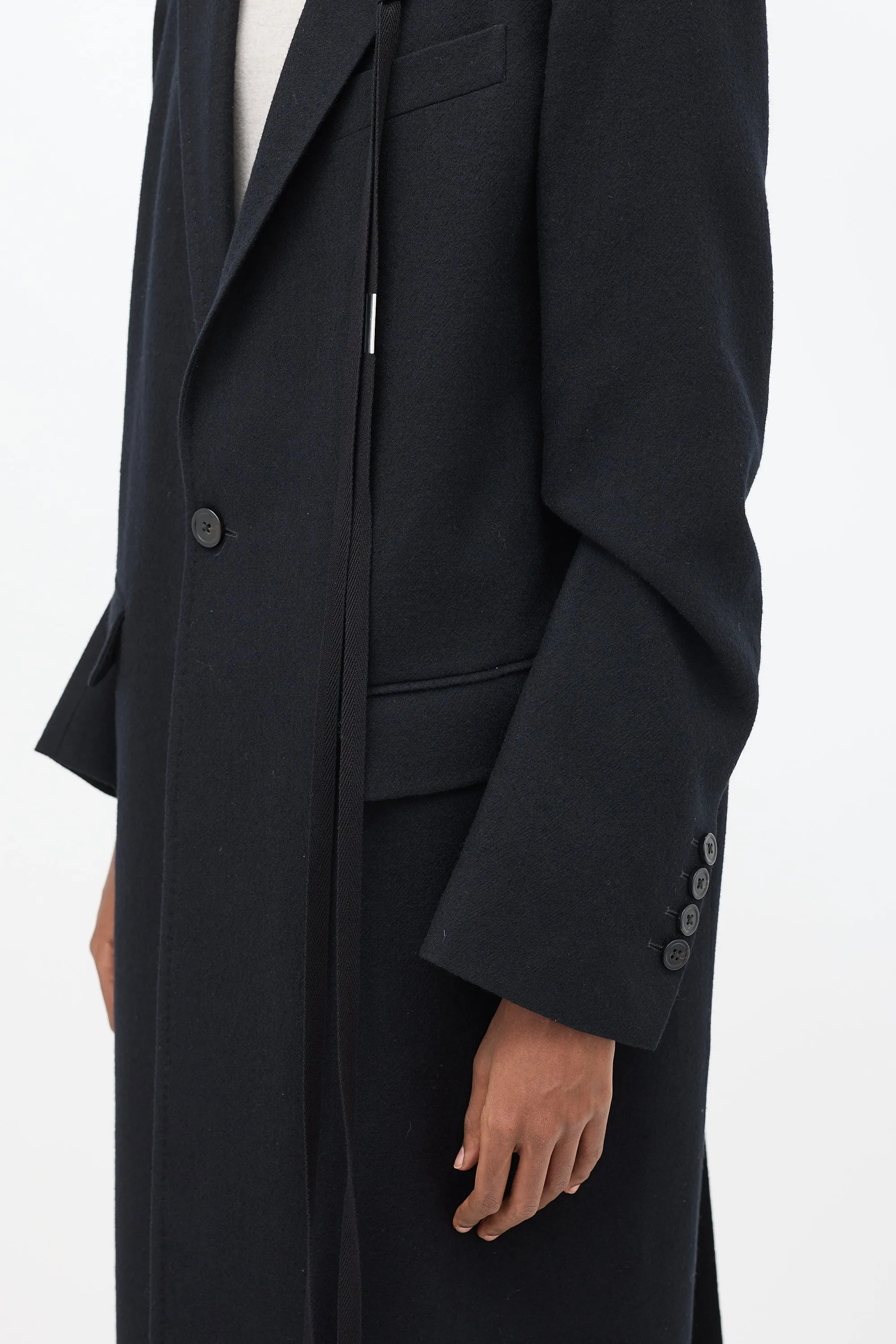 Black Wool Lieke Tacked Sleeve Long Coat