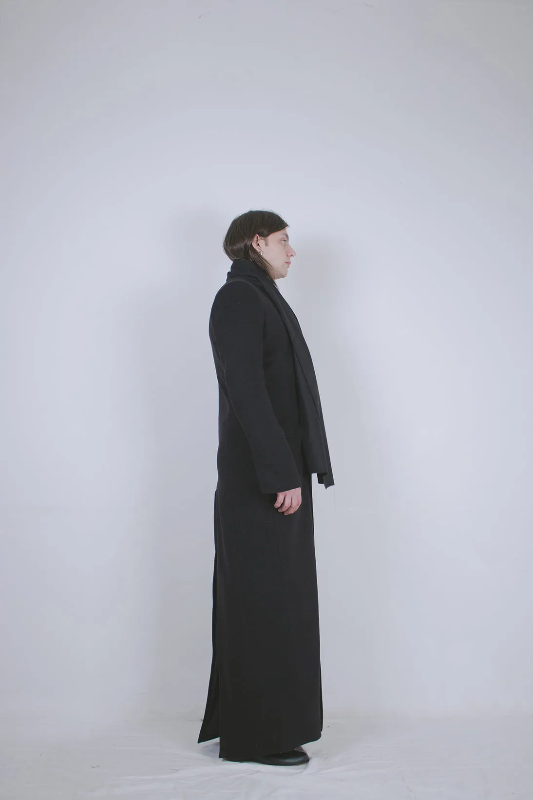 Black Wool Tailored Coat with Scarf