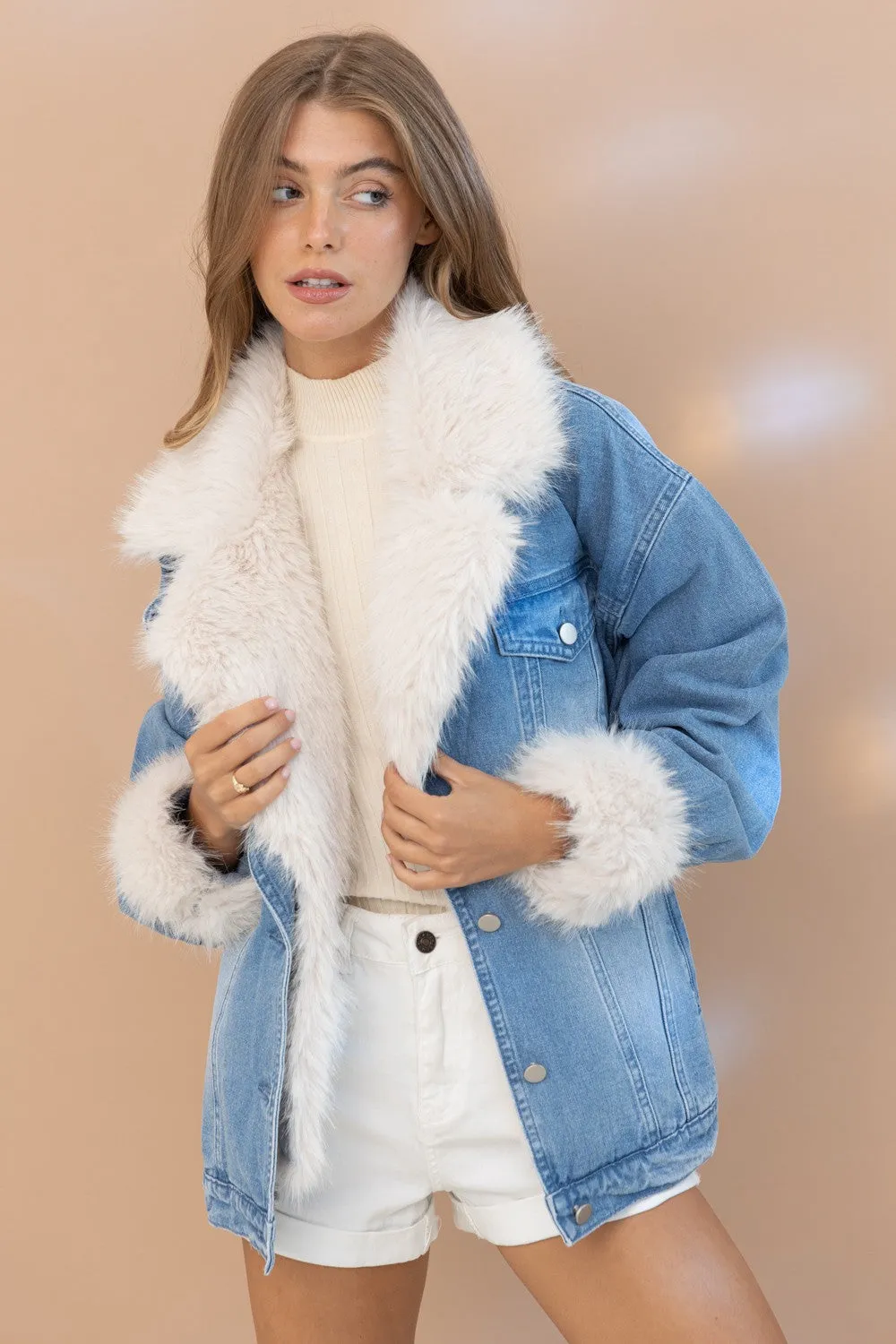 Blue B Denim Jacket with Faux Fur Trim in Denim ON ORDER