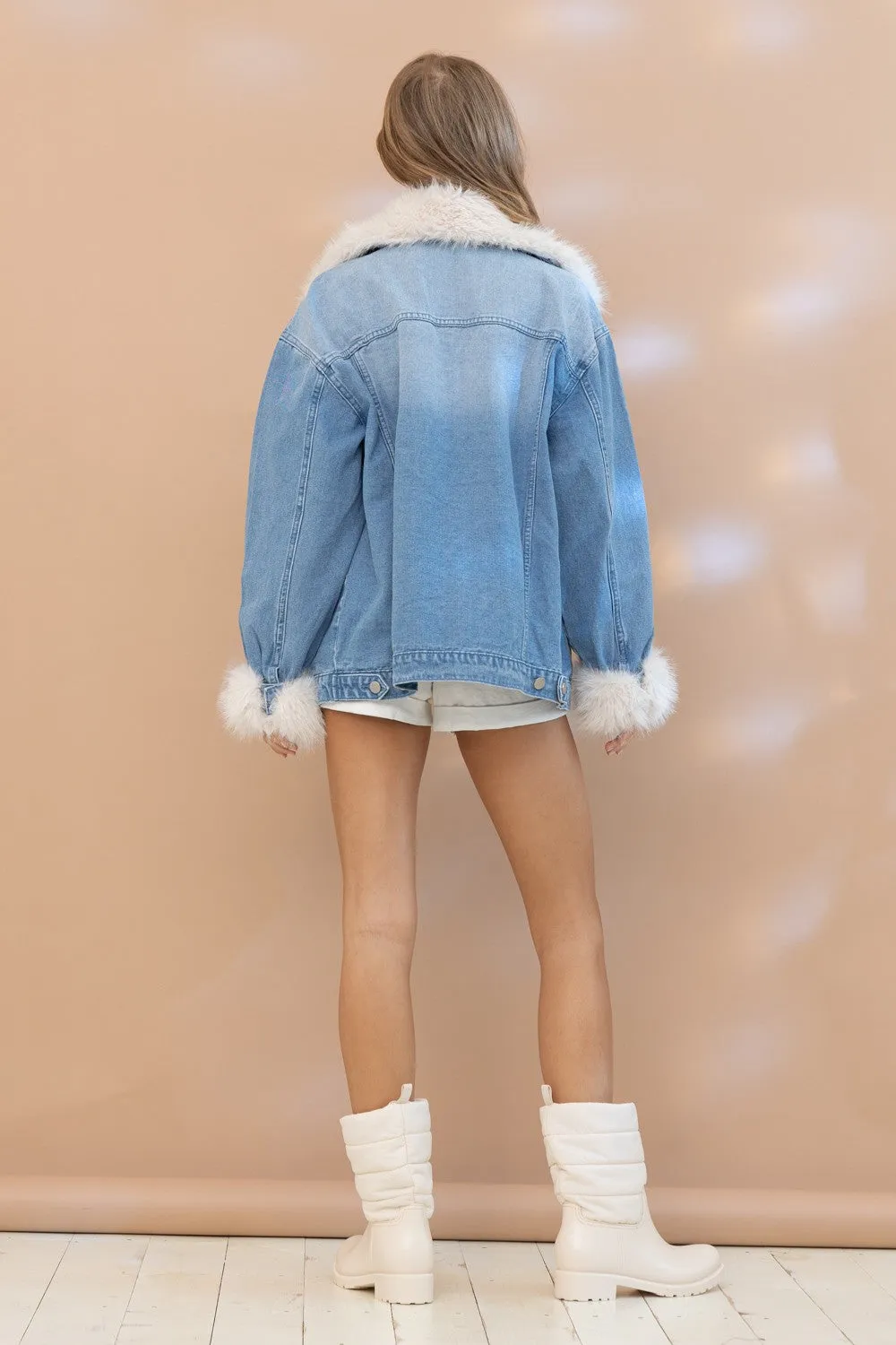 Blue B Denim Jacket with Faux Fur Trim in Denim ON ORDER