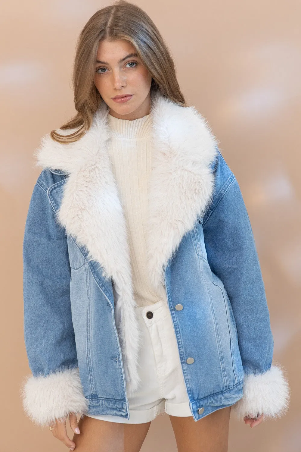 Blue B Denim Jacket with Faux Fur Trim in Denim ON ORDER