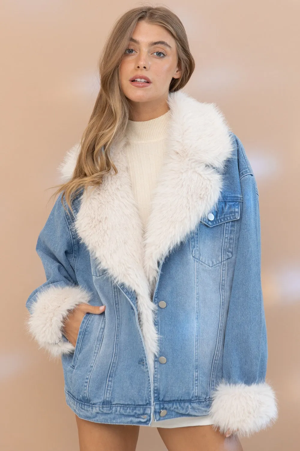 Blue B Denim Jacket with Faux Fur Trim in Denim ON ORDER