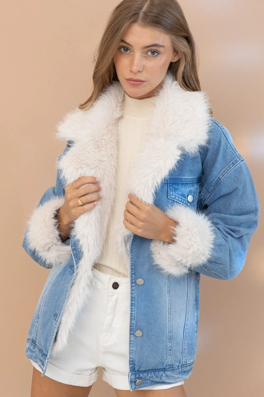 Blue B Denim Jacket with Faux Fur Trim in Denim ON ORDER