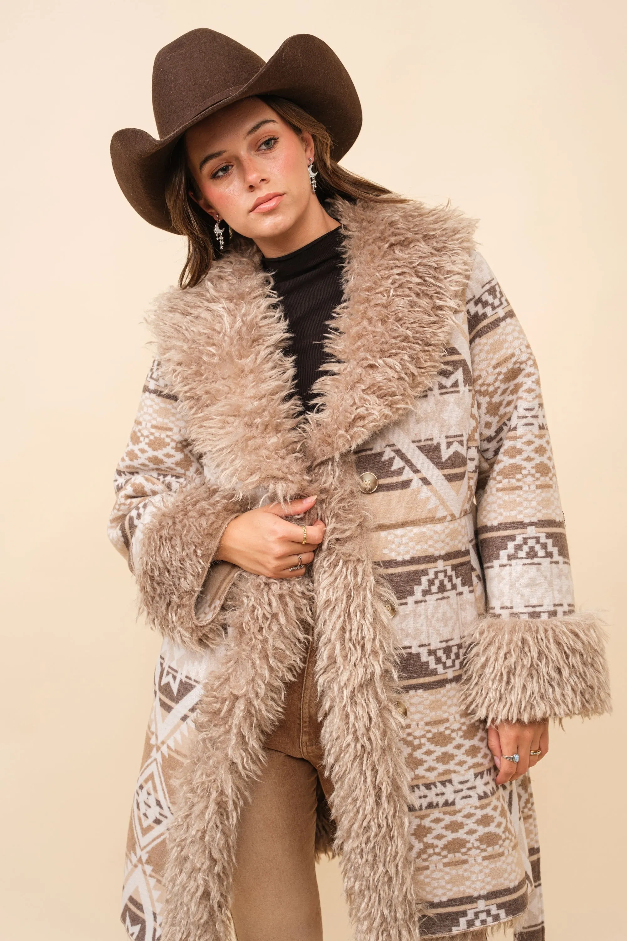 Blue B Western Aztec Jacquard Print Jacket with Faux Fur Lining in Beige Brown