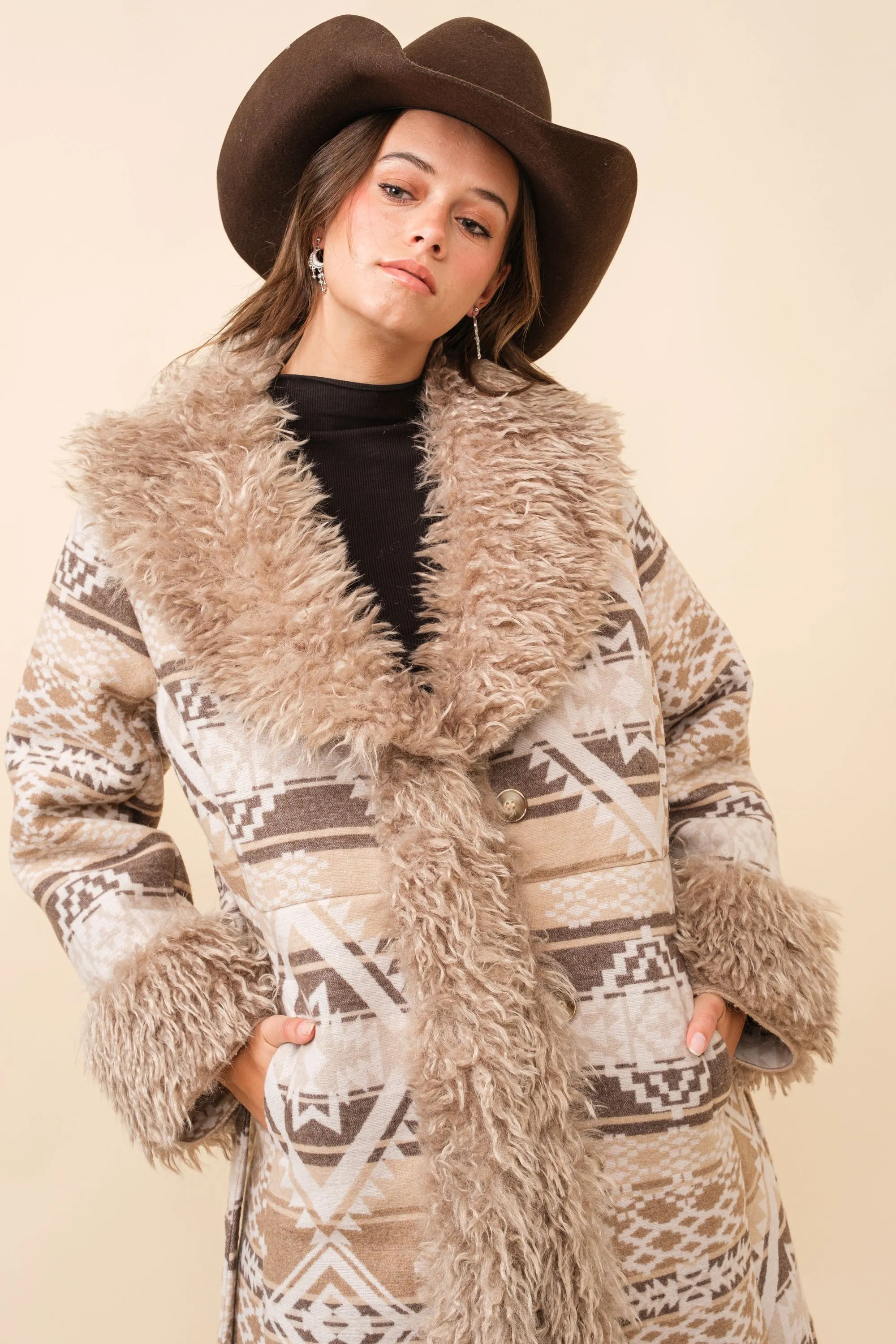 Blue B Western Aztec Jacquard Print Jacket with Faux Fur Lining in Beige Brown