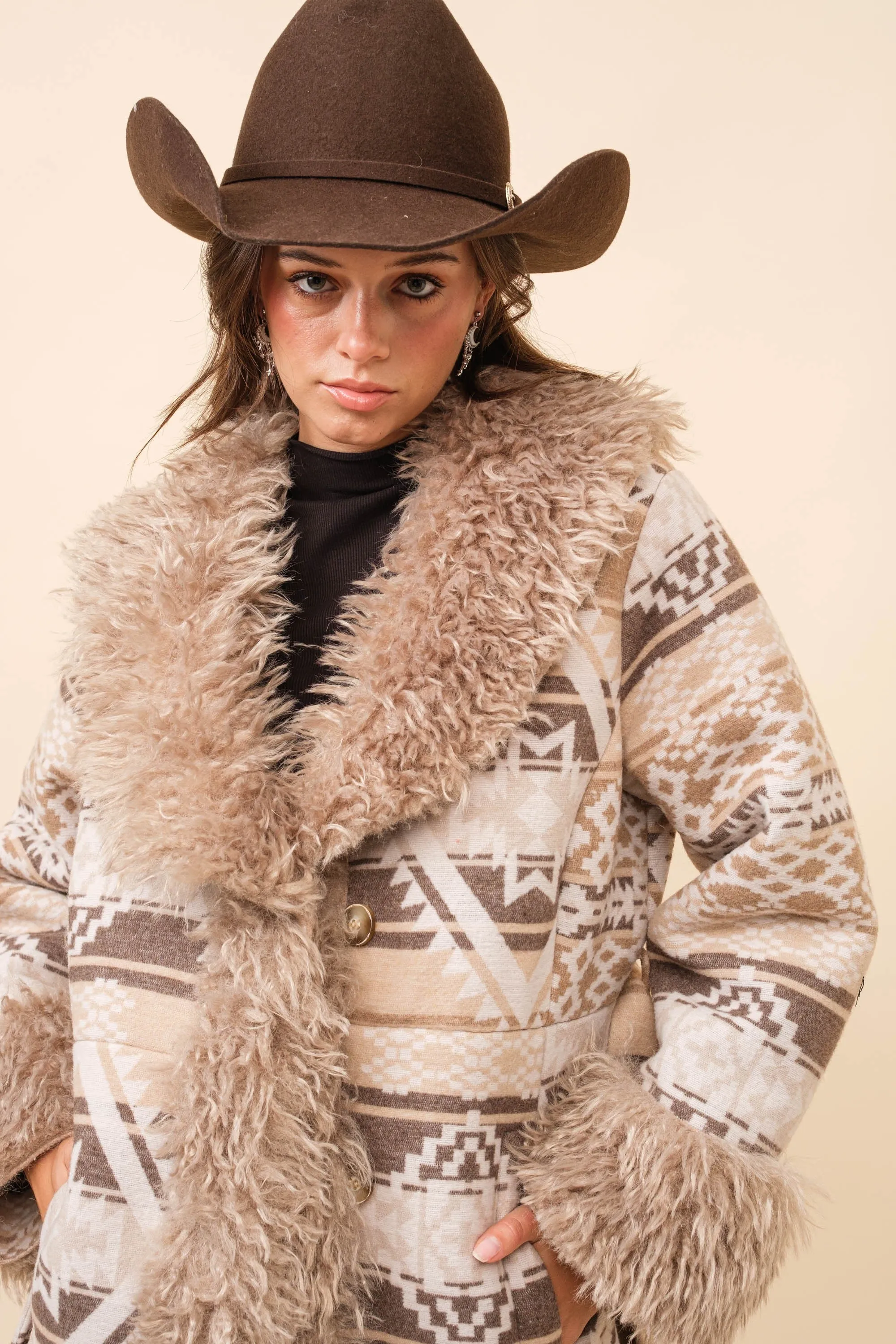 Blue B Western Aztec Jacquard Print Jacket with Faux Fur Lining in Beige Brown