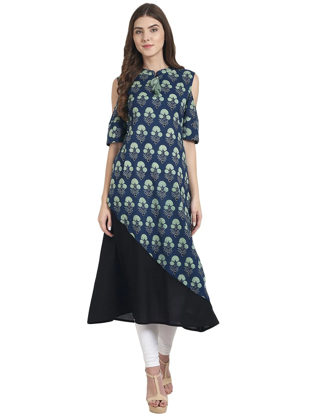 Blue Printed Half Sleeve Cotton Double Layer Kurta