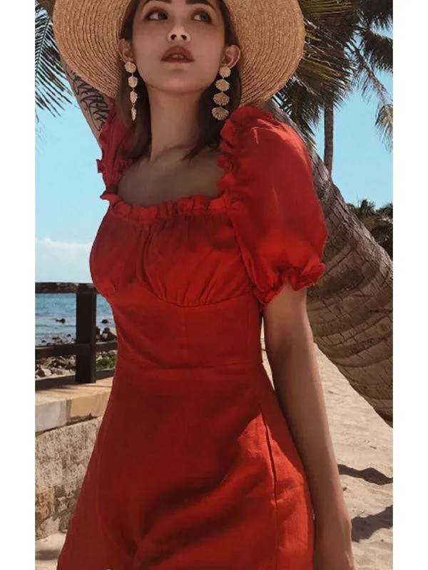 Bohemian Beach Lantern Sleeves Solid Color Jumpsuit