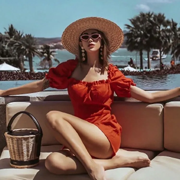 Bohemian Beach Lantern Sleeves Solid Color Jumpsuit