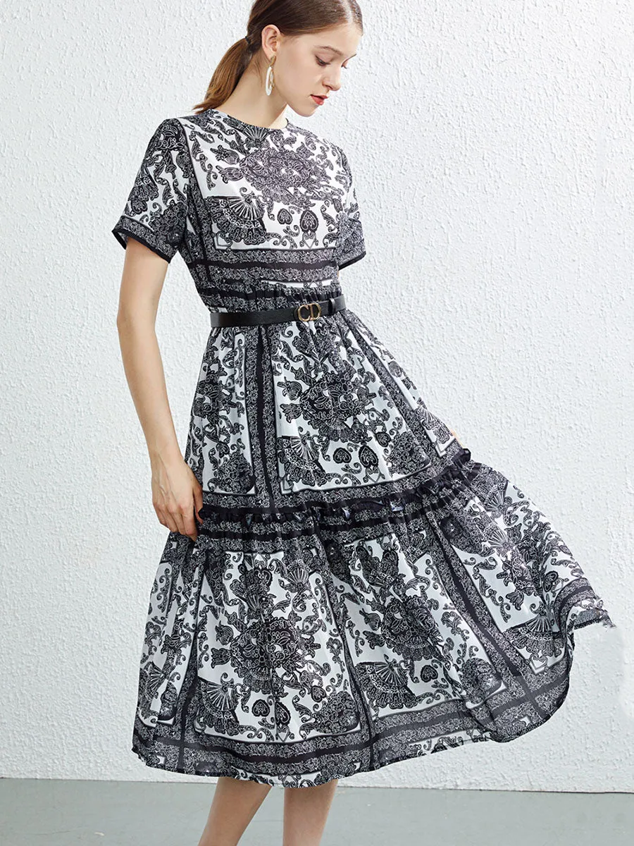 Bohemian Printed Ruffles Crewneck Short Sleeves Swing Boho Dress