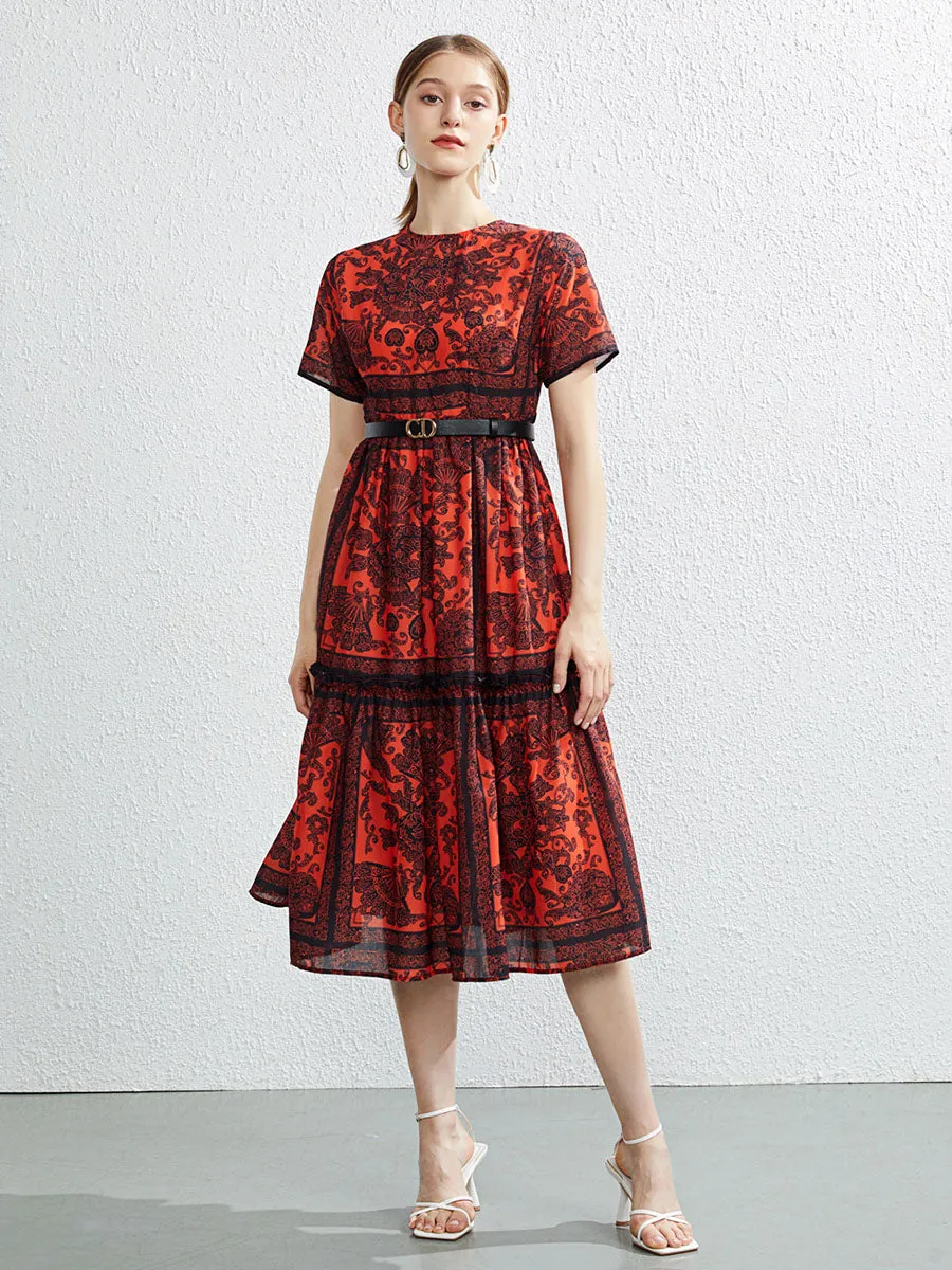 Bohemian Printed Ruffles Crewneck Short Sleeves Swing Boho Dress