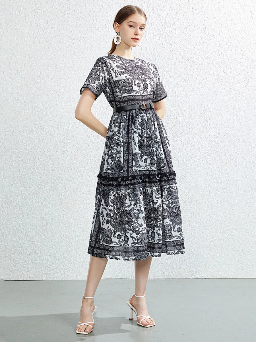 Bohemian Printed Ruffles Crewneck Short Sleeves Swing Boho Dress