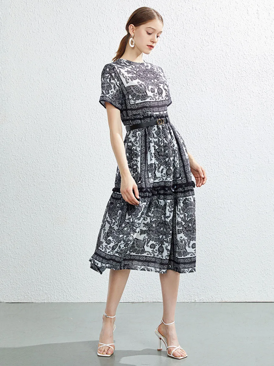 Bohemian Printed Ruffles Crewneck Short Sleeves Swing Boho Dress