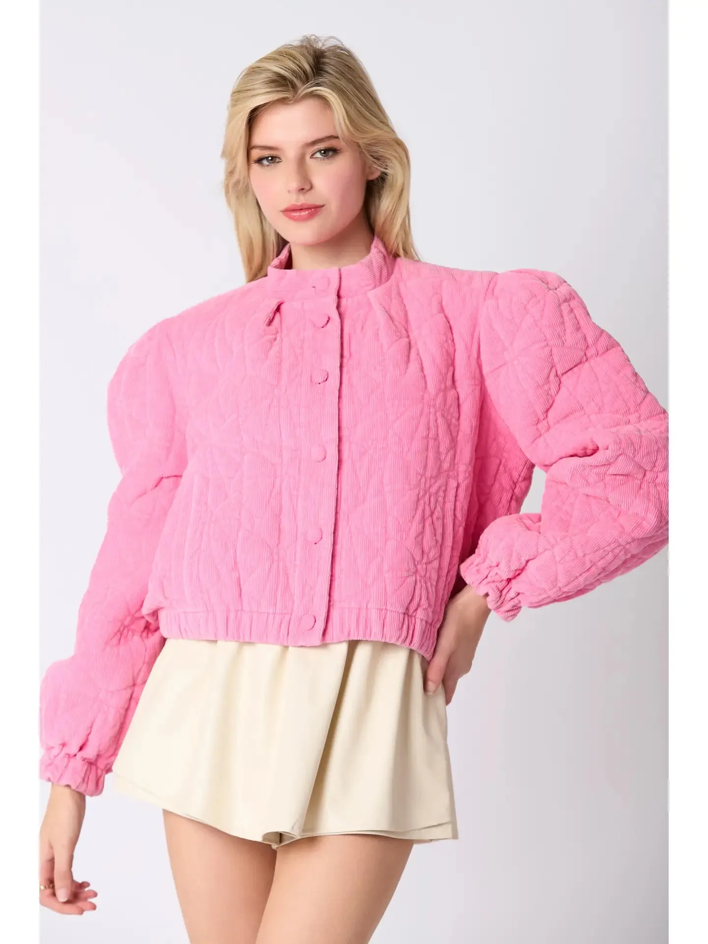 Bow Quilted Padded Corduroy Jacket - Pink