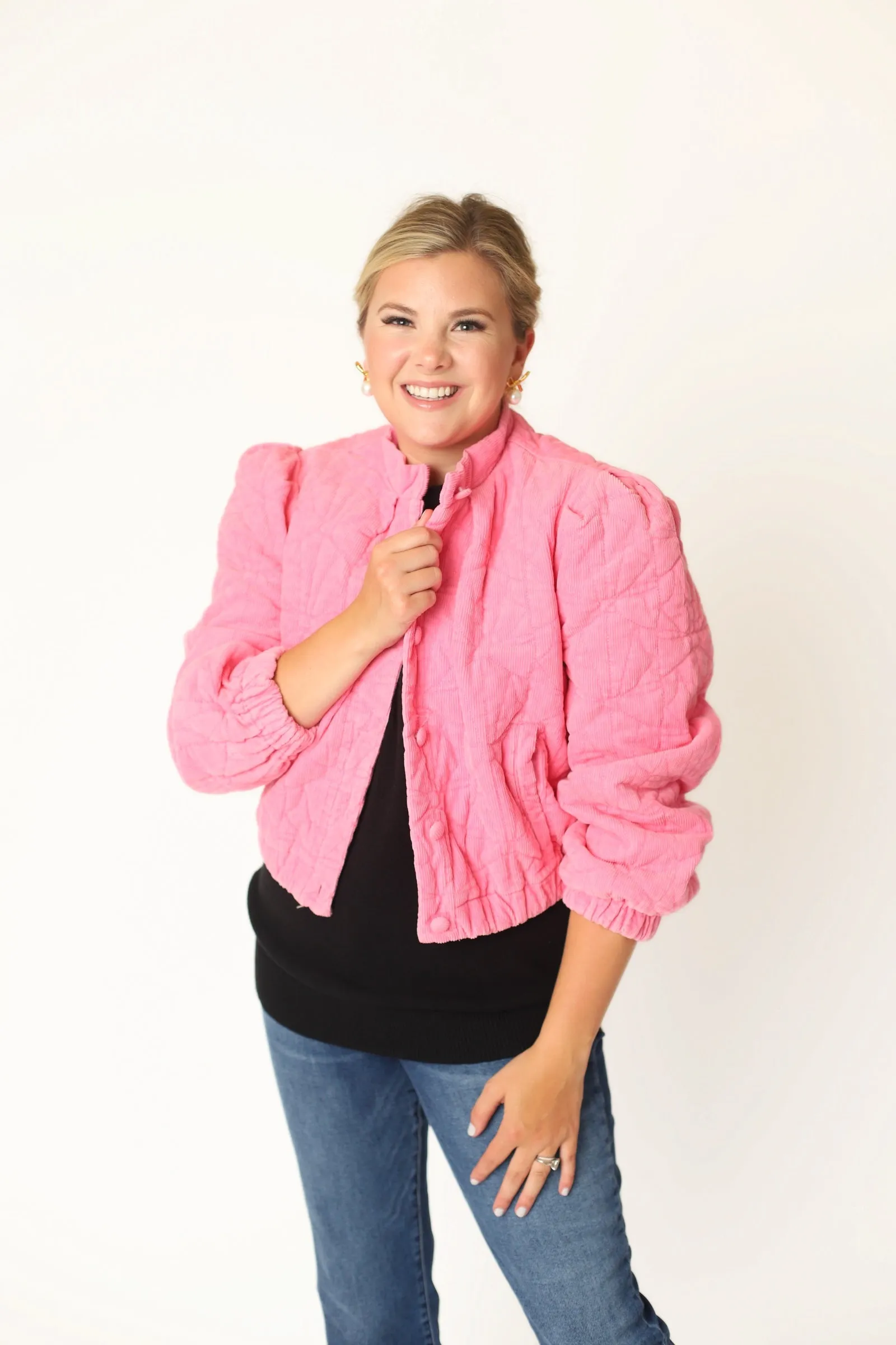 Bow Quilted Padded Corduroy Jacket - Pink