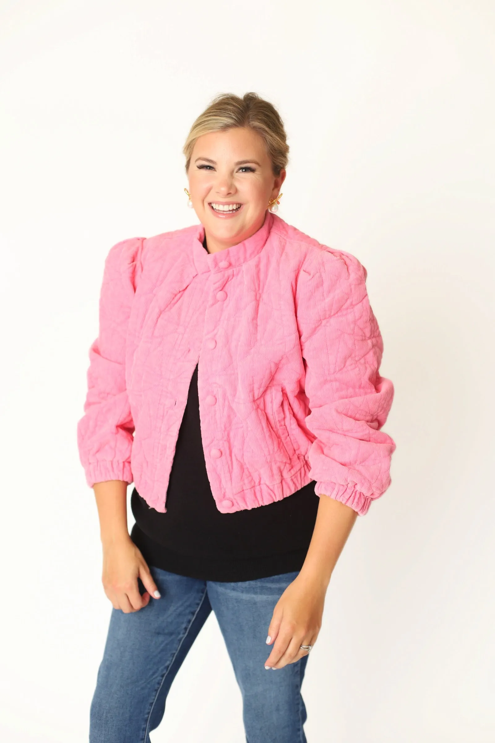 Bow Quilted Padded Corduroy Jacket - Pink