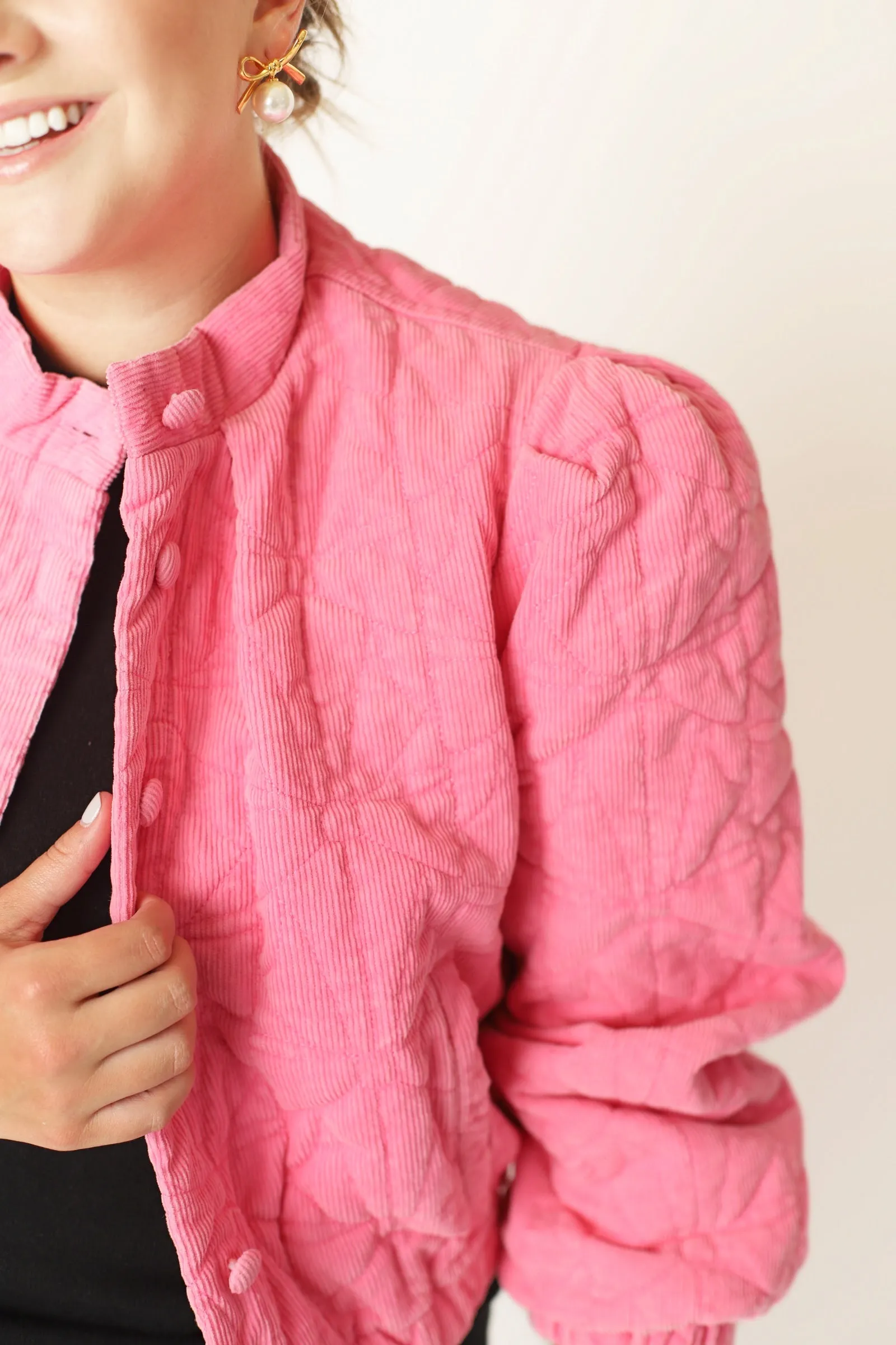 Bow Quilted Padded Corduroy Jacket - Pink