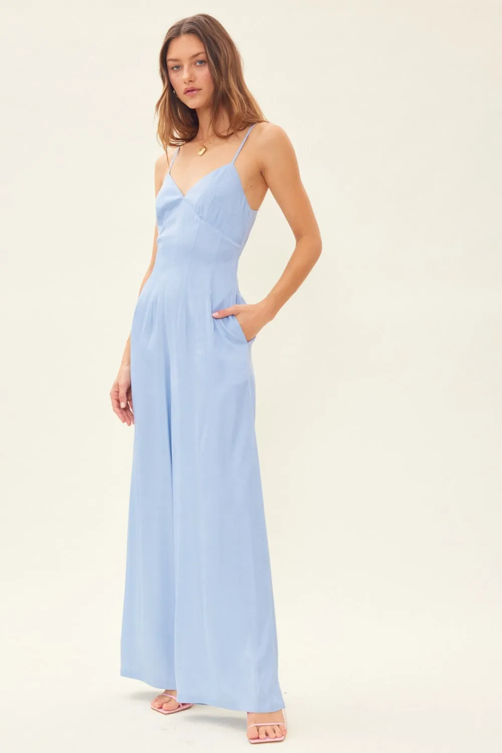 Breezy Charmer Drawstring Back Sleeveless Wide Leg Jumpsuit