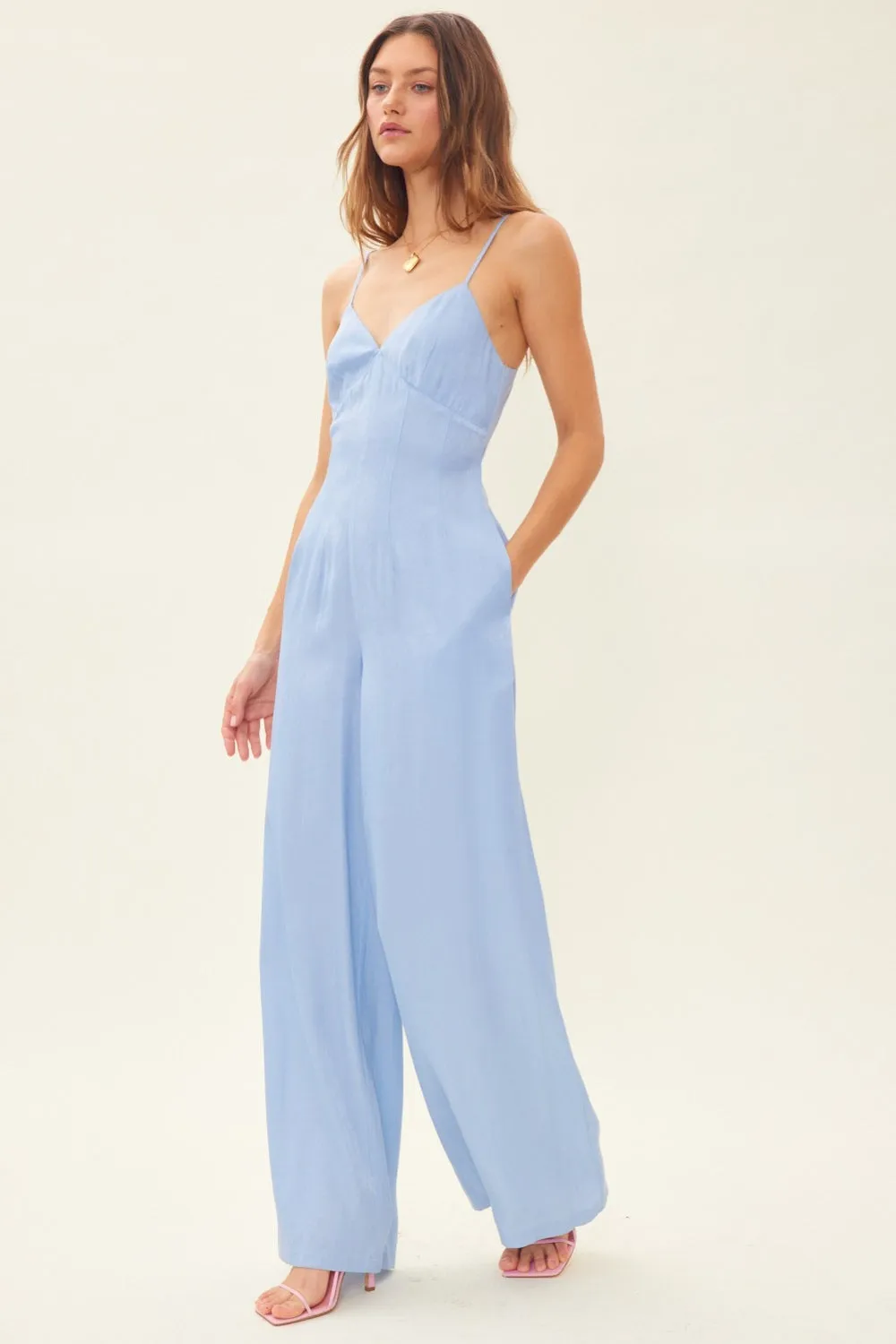 Breezy Charmer Drawstring Back Sleeveless Wide Leg Jumpsuit