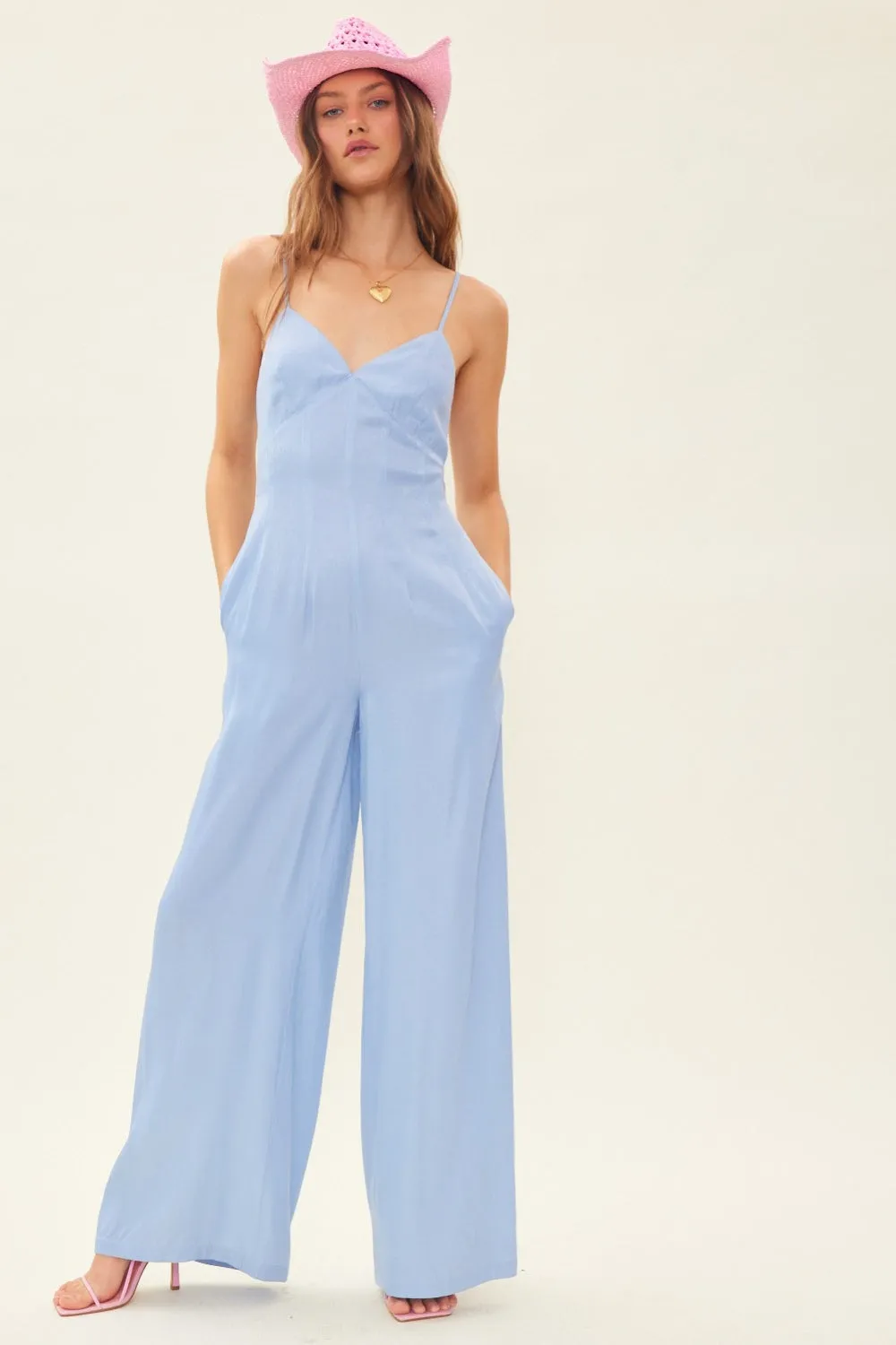 Breezy Charmer Drawstring Back Sleeveless Wide Leg Jumpsuit