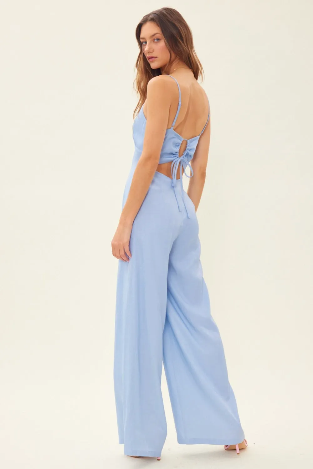 Breezy Charmer Drawstring Back Sleeveless Wide Leg Jumpsuit