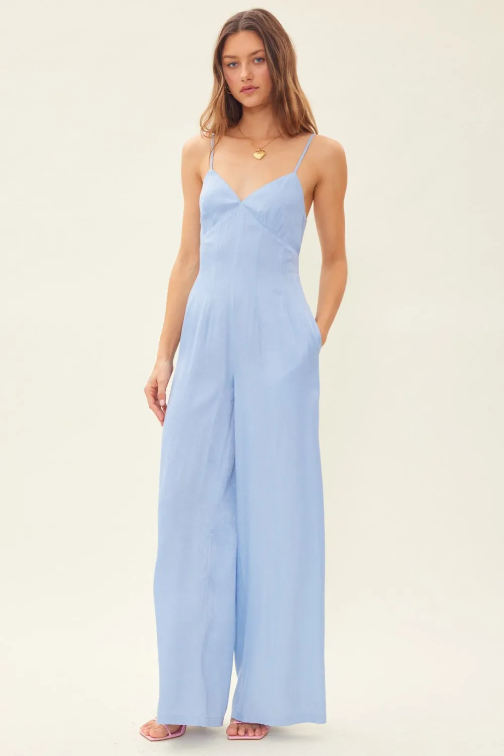 Breezy Charmer Drawstring Back Sleeveless Wide Leg Jumpsuit