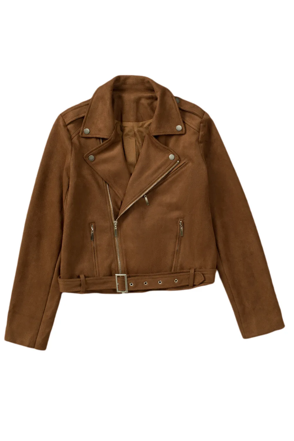 Brown Vegan Suede Zip Detail Moto Jacket