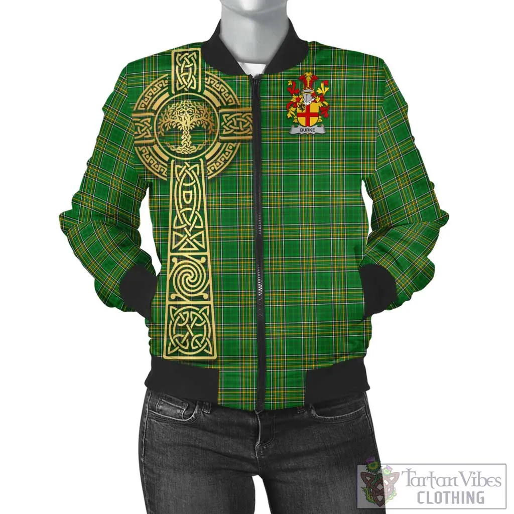 Burke Irish Clan Tartan Bomber Jacket with Coat of Arms Celtic Tree of Life Style