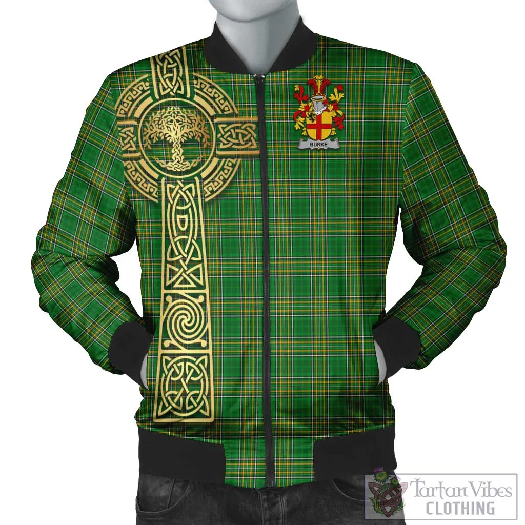 Burke Irish Clan Tartan Bomber Jacket with Coat of Arms Celtic Tree of Life Style