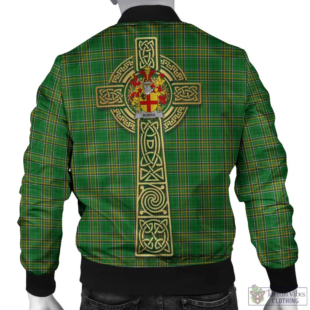 Burke Irish Clan Tartan Bomber Jacket with Coat of Arms Celtic Tree of Life Style