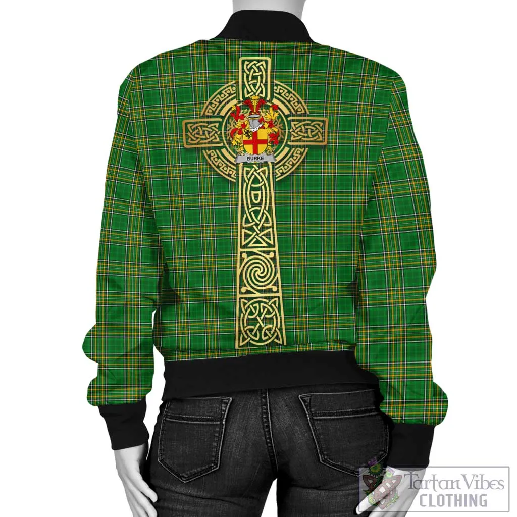 Burke Irish Clan Tartan Bomber Jacket with Coat of Arms Celtic Tree of Life Style