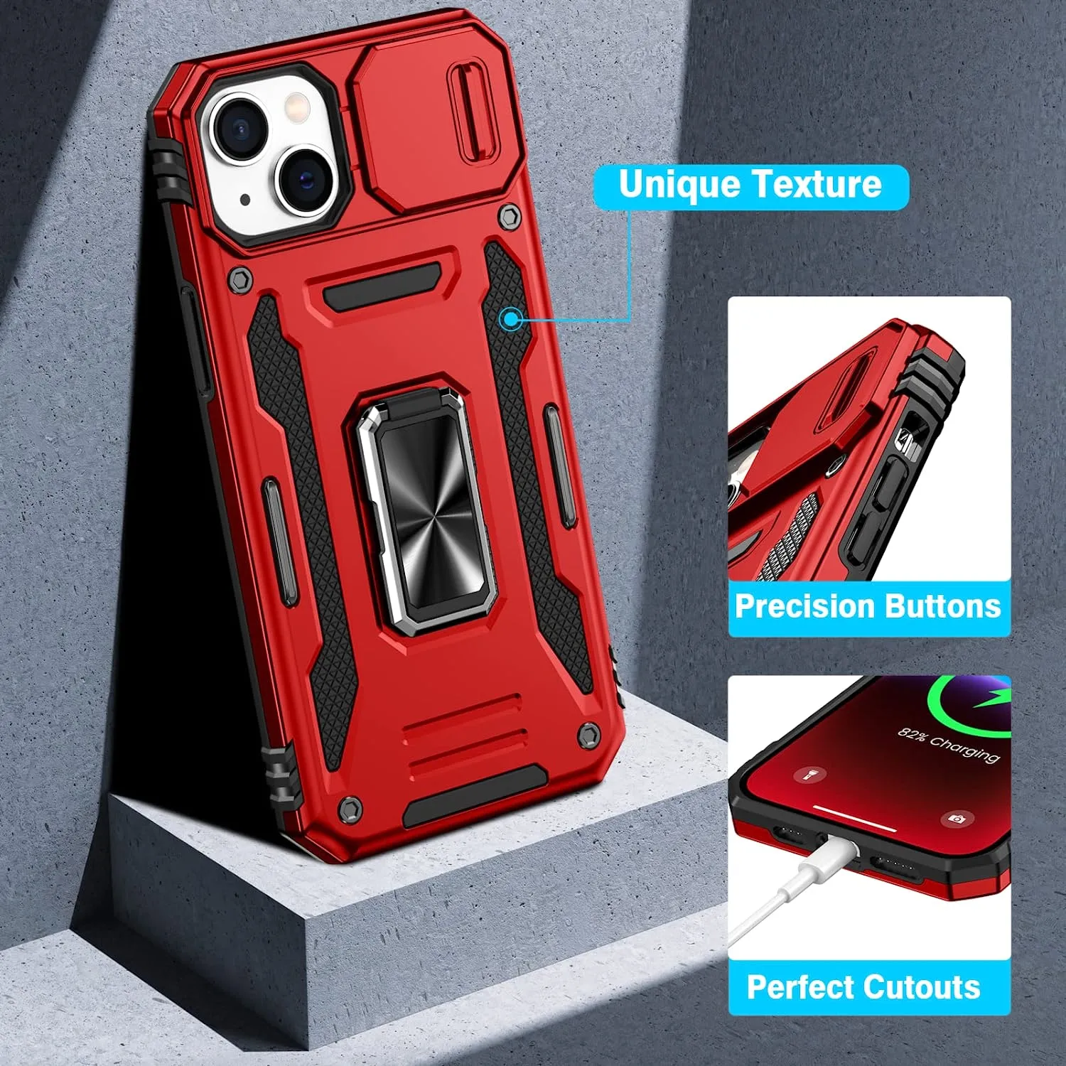 Case 14 Plus Case Kickstand, Slide Camera Cover Protective Armor Case - Red