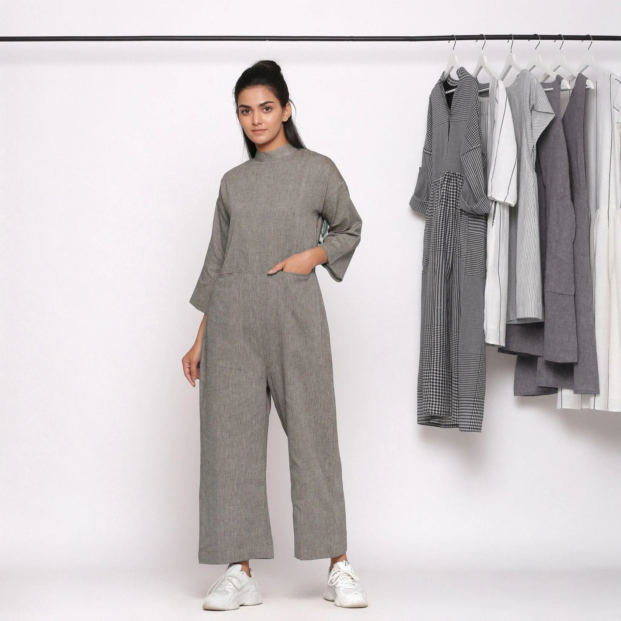 Charcoal Grey Handspun Cotton Ankle Length Jumpsuit