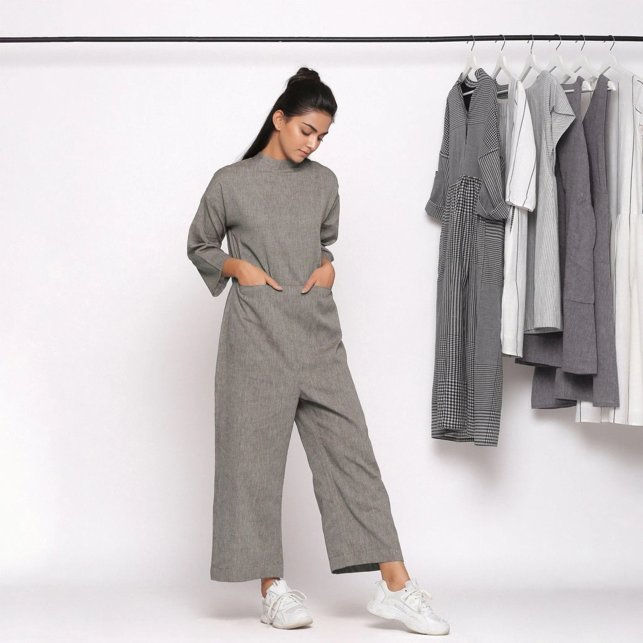 Charcoal Grey Handspun Cotton Ankle Length Jumpsuit