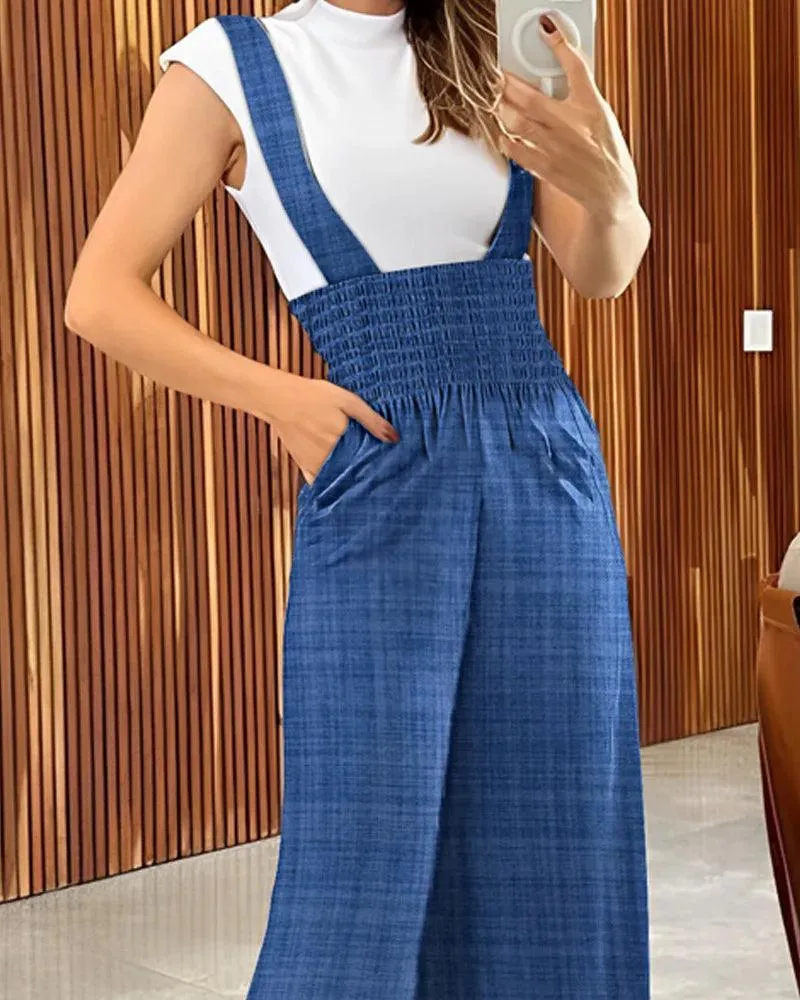 CHIC BLUE PLAID SUSPENDER JUMPSUIT