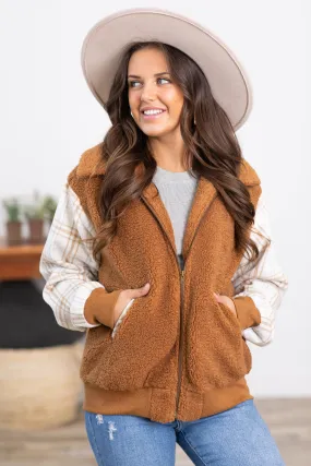 Cinnamon Faux Fur Jacket With Plaid Sleeves