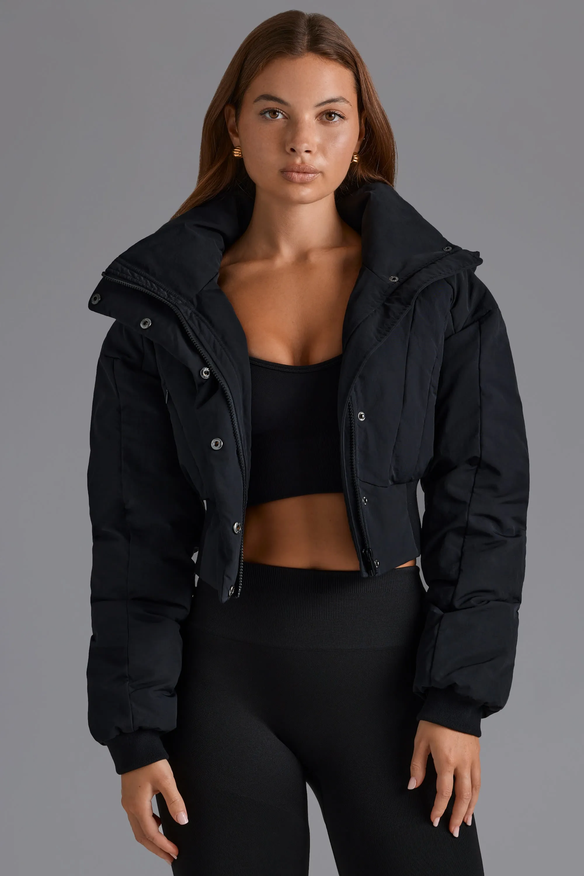 Contour Hooded Cropped Puffer Jacket in Black