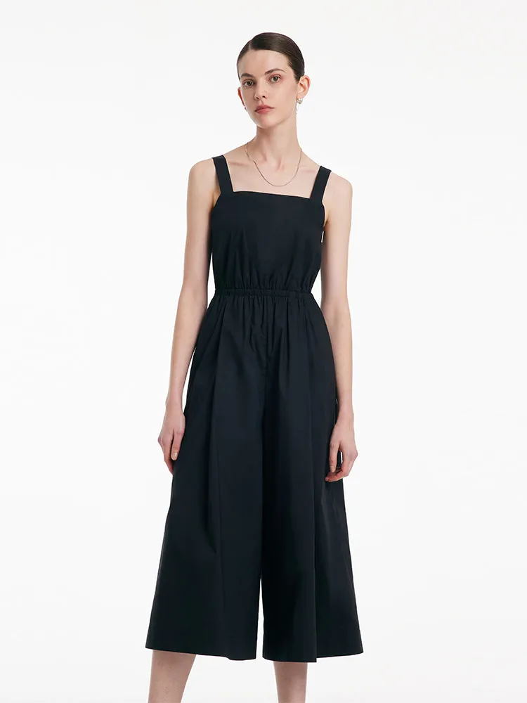 Cotton Strap Gathered Waist Jumpsuit With Detachable Bra Pads