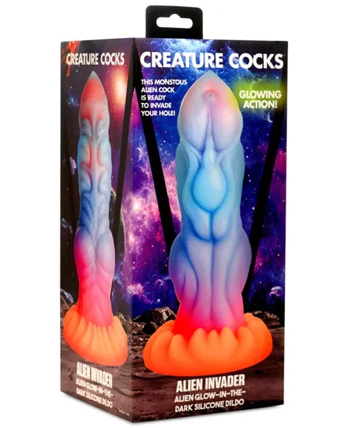 Creature Cocks - Alien Invader Glow in the Dark Silicone Dildo - 8in