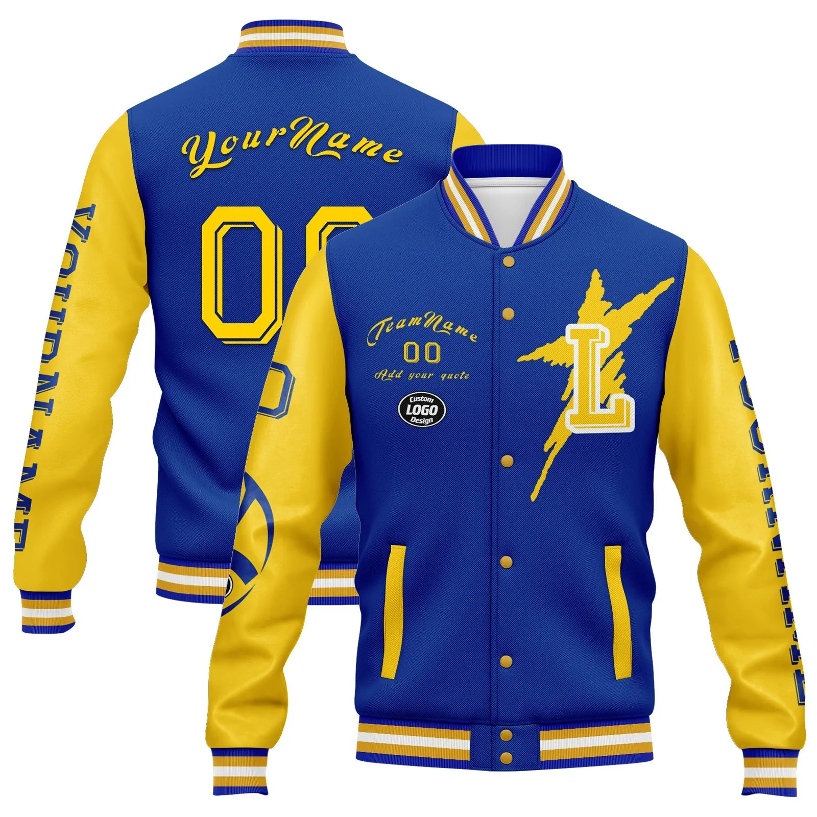 Custom Blue Yellow Los Angeles Jacket Bomber Full-Snap Varsity Letterman Personalized Jacket FZ005SX-D020290-15