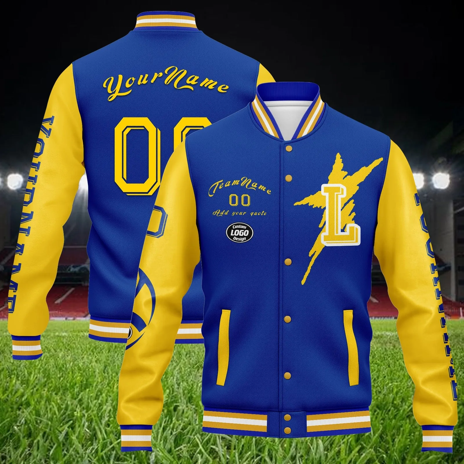 Custom Blue Yellow Los Angeles Jacket Bomber Full-Snap Varsity Letterman Personalized Jacket FZ005SX-D020290-15