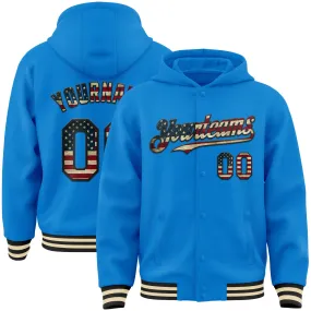 Custom Powder Blue Vintage USA Flag Black-Cream Bomber Full-Snap Varsity Letterman Hoodie Jacket