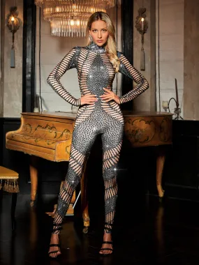 Dehateh Long Sleeve Printed Rhinestone Jumpsuit