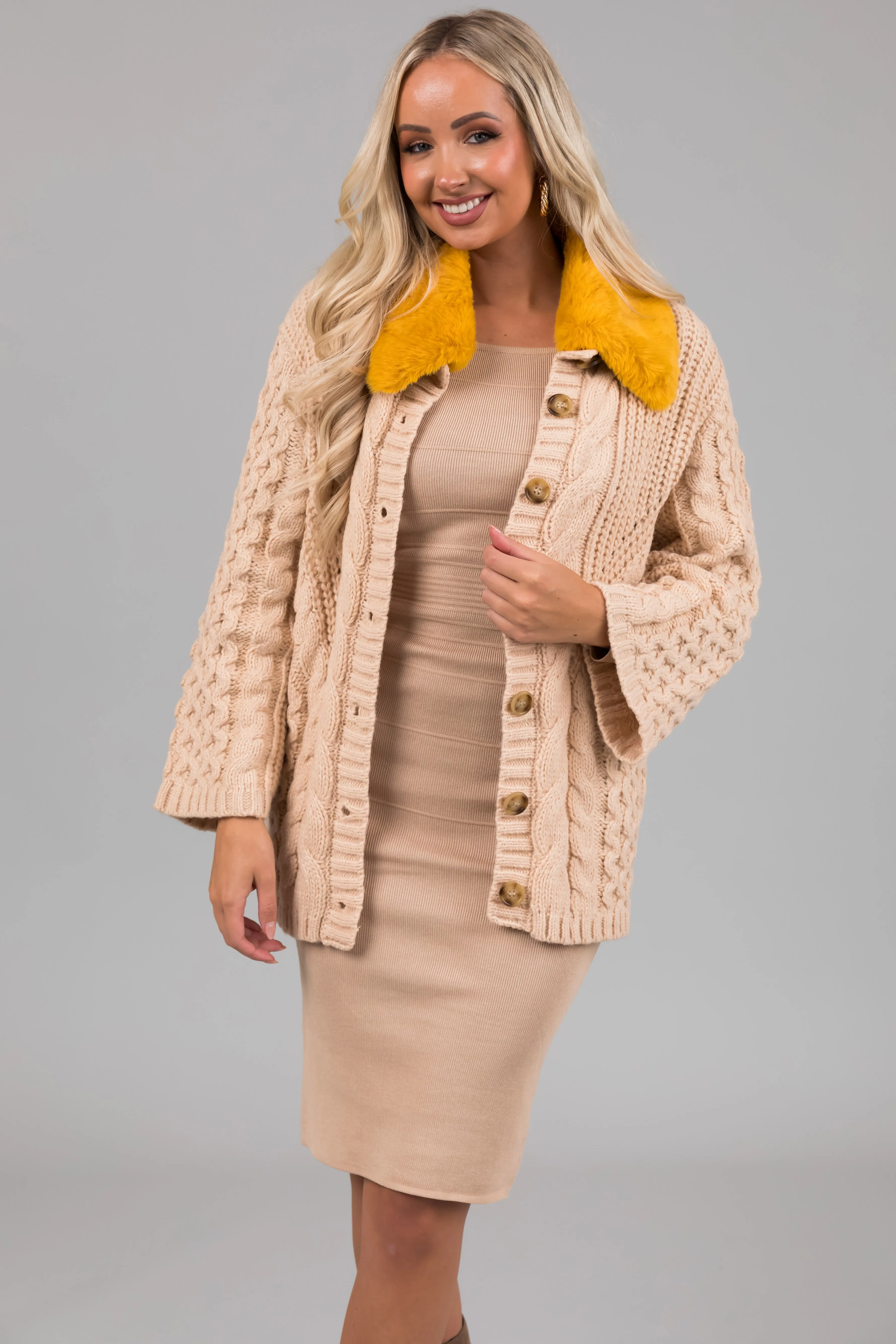 Desert Sand Faux Fur Collared Cable Knit Cardigan