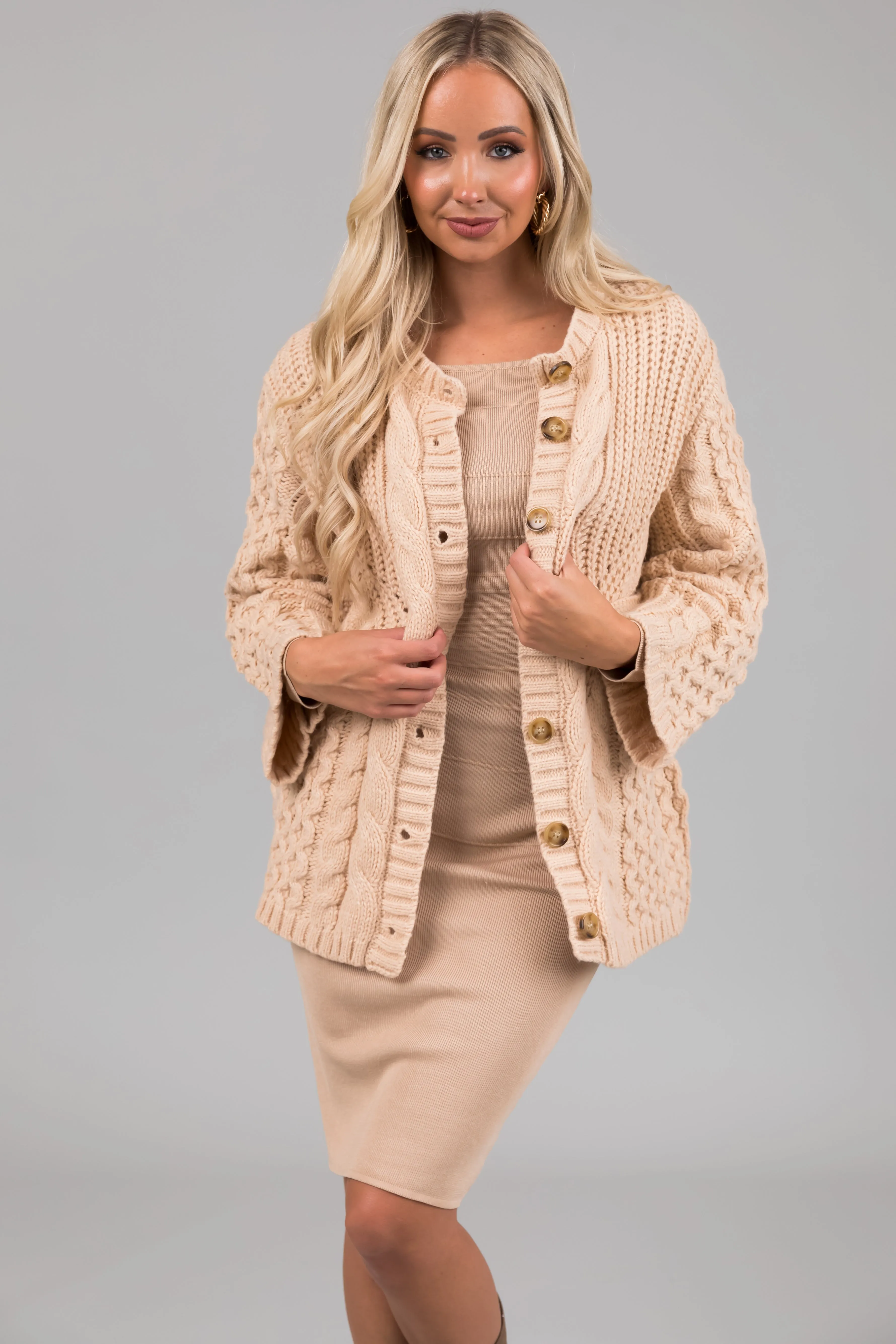 Desert Sand Faux Fur Collared Cable Knit Cardigan