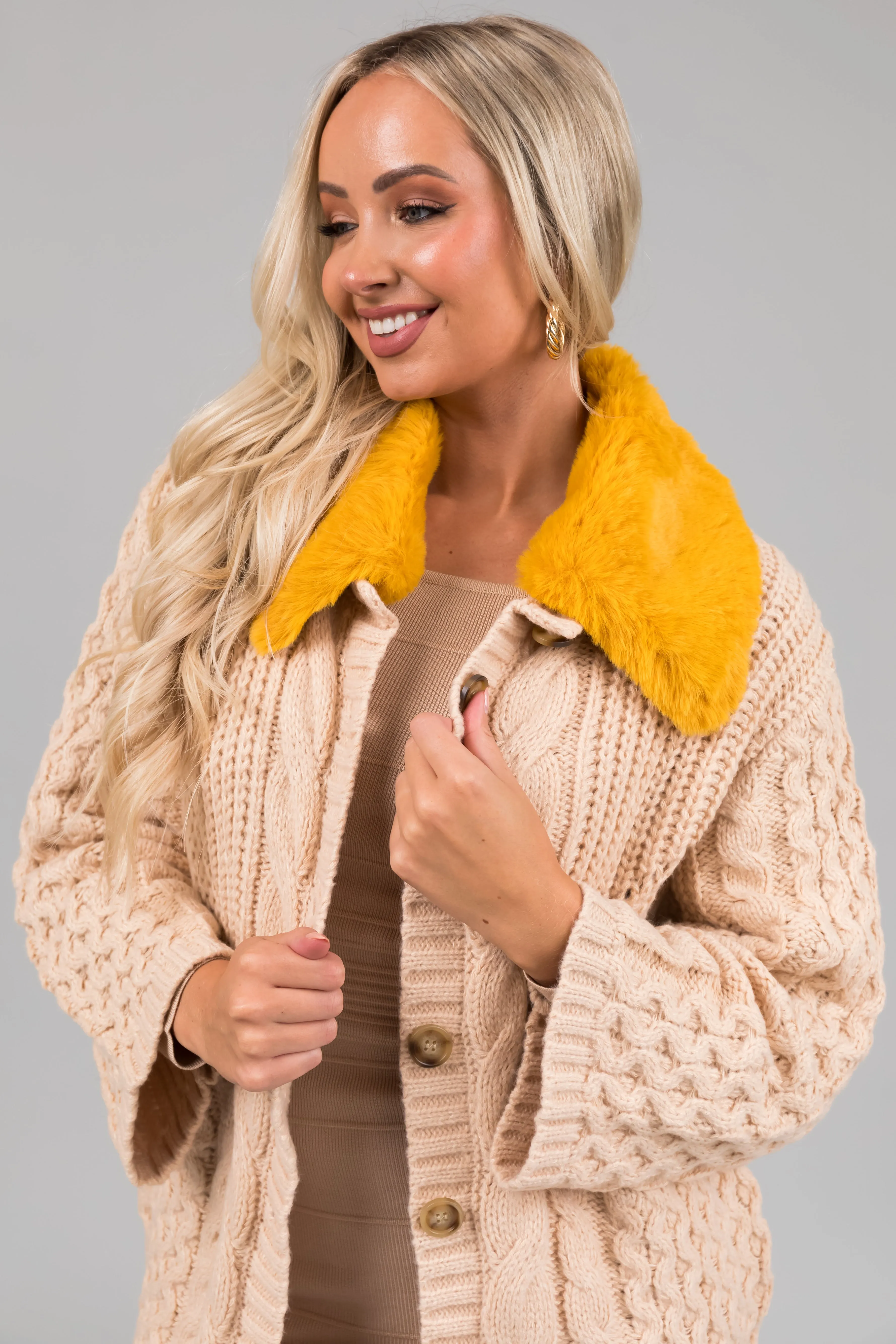 Desert Sand Faux Fur Collared Cable Knit Cardigan