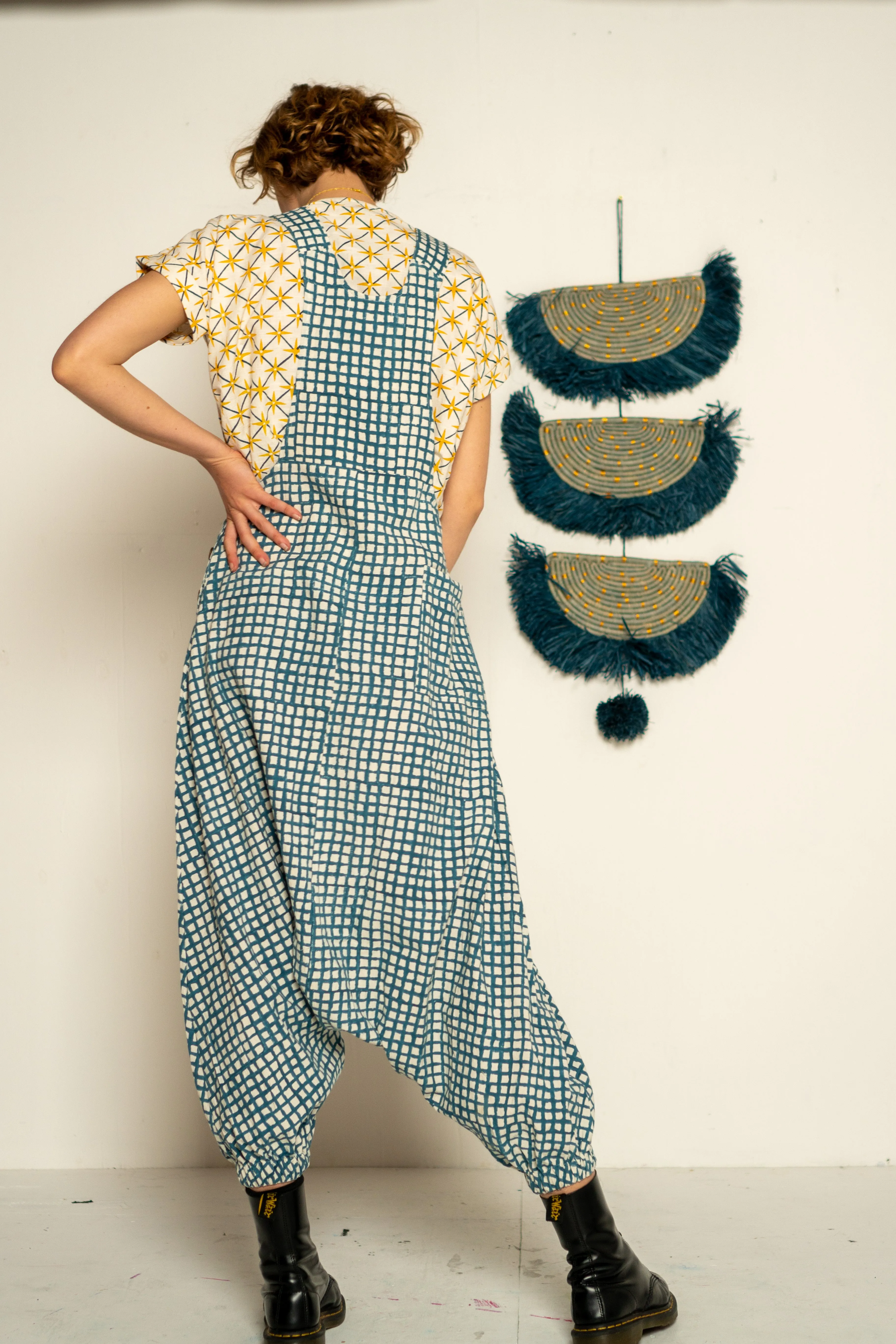 Drop Crotch Overalls - Teal Waffle Print