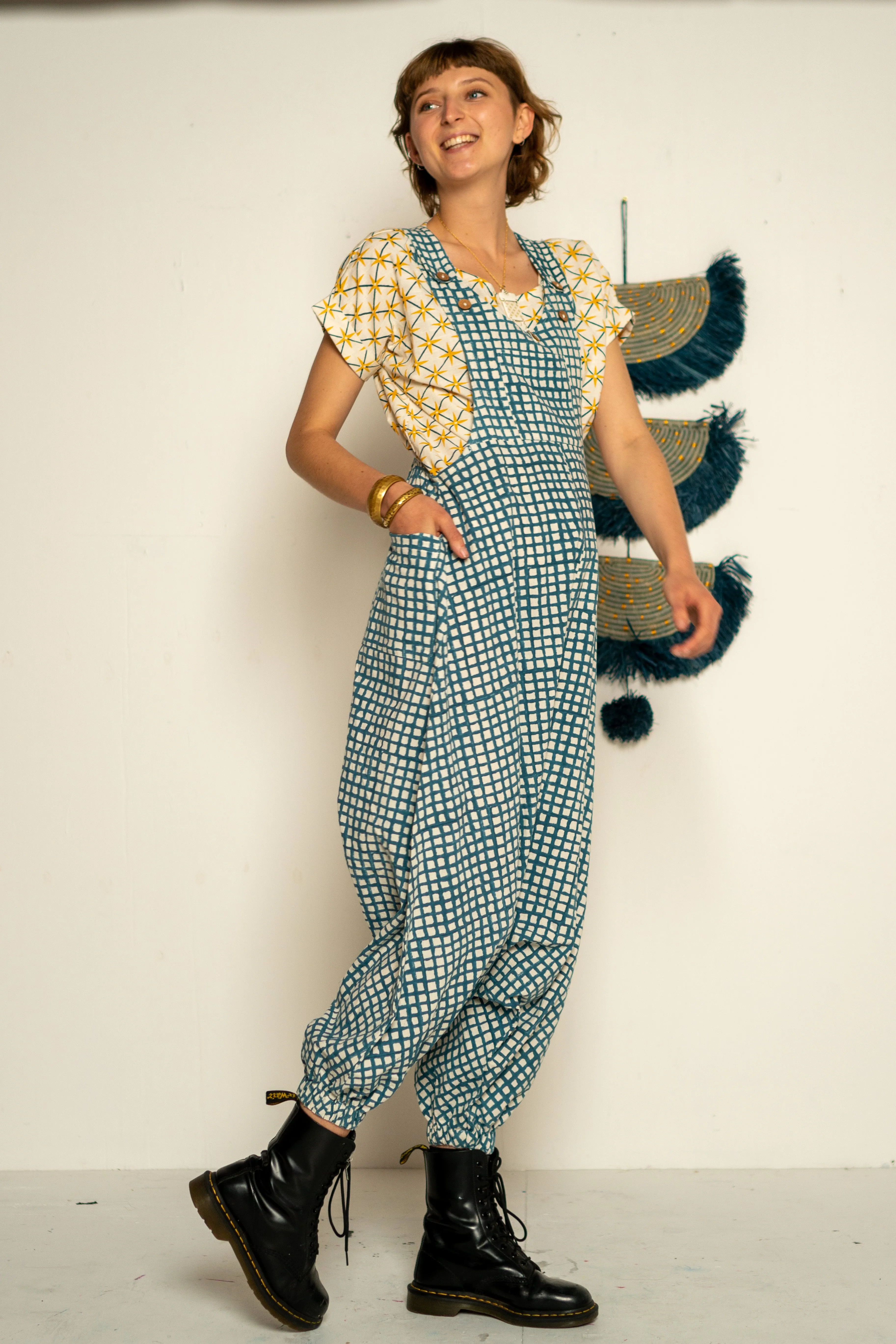 Drop Crotch Overalls - Teal Waffle Print