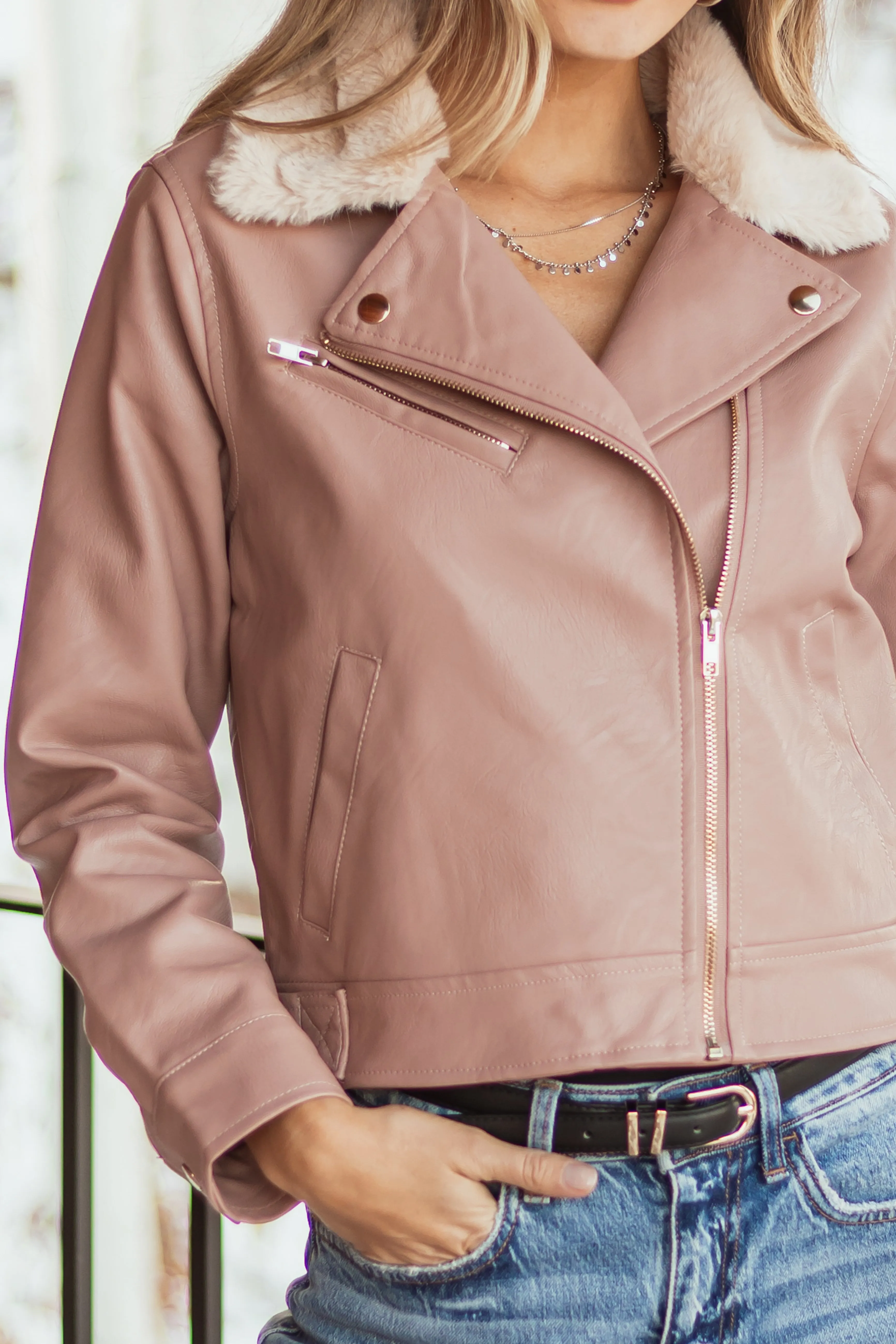 Dusty Rose Faux Leather Biker Jacket