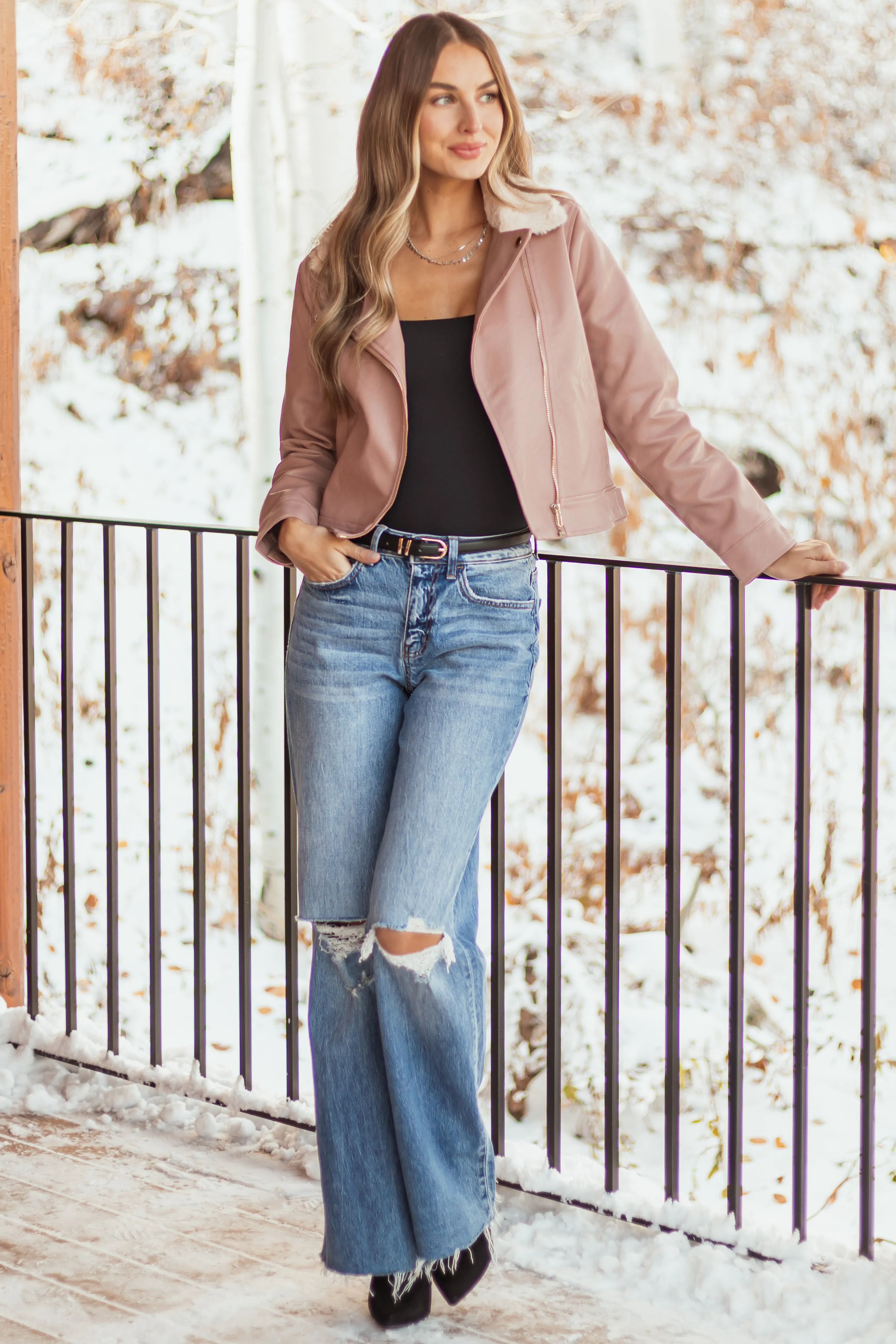 Dusty Rose Faux Leather Biker Jacket